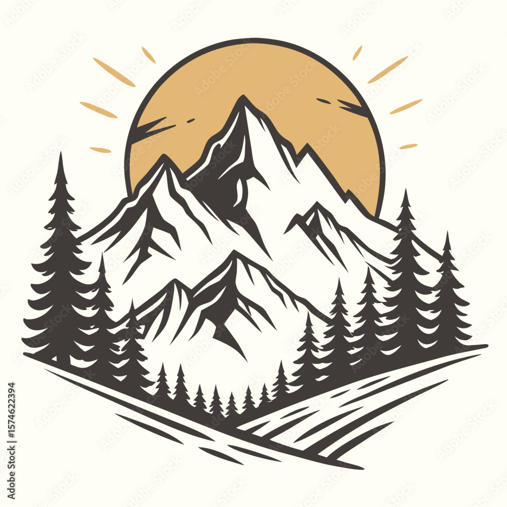 Obraz premium Sunset above mountains peak silhouette. Vintage styled mountain logo or sticker or poster template. Vector illustration
