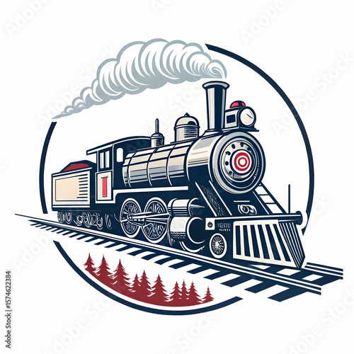 old steam locomotive on rails vector logo isolated