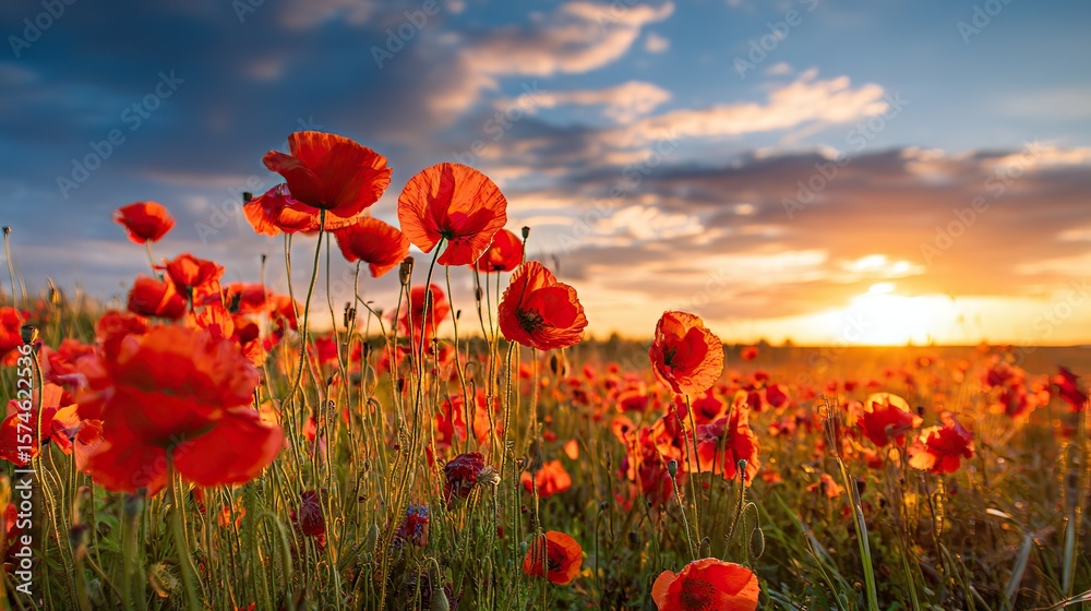Obraz premium Red flower fields at sunset, mountains, blue sky, white clouds; The blooming flowers form an endless sea of red in the golden light, and only the petals of the wind and sand focus on the flowers.
