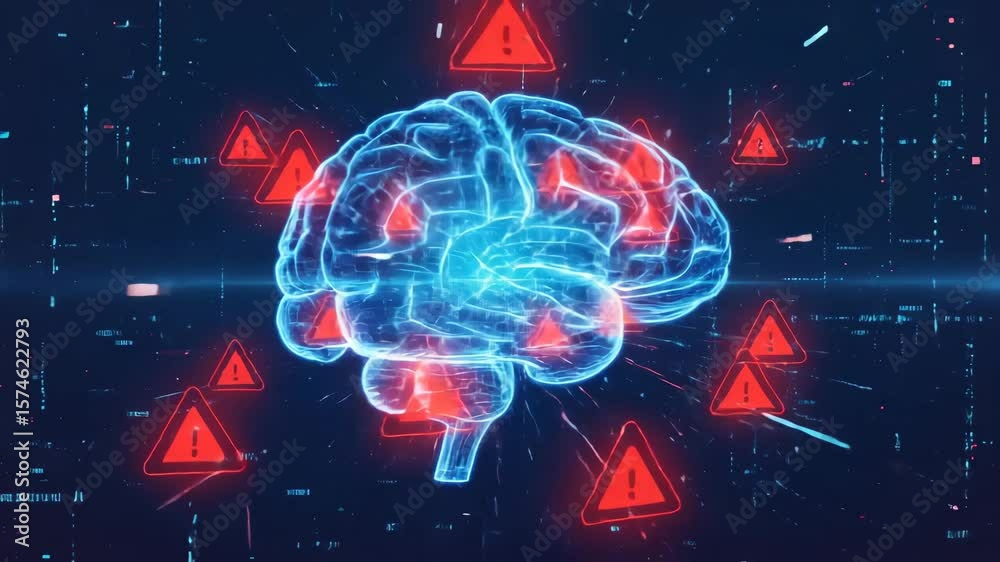Artificial intelligence (AI) brain experiencing a system error, with flashing alert symbols and digital glitches