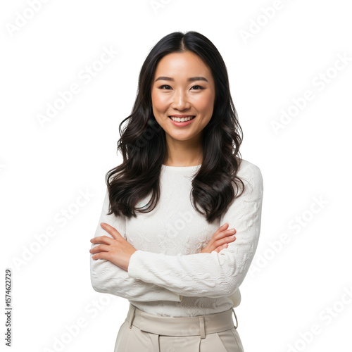 Smiling asian woman with arms crossed isolated on transparent background