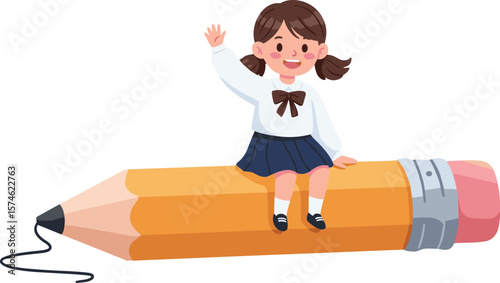 Creative Cartoon Illustration of a Happy Girl Waving on a Giant Pencil Vector EPS Design in a Whimsical Environment for Educational Content - back to school
