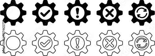Gear icons with check mark exclamation cross and refresh symbols settings configuration