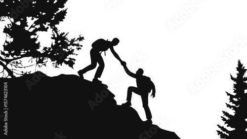 Silhouette of one hiker helping another climb a rock ledge, illustrating teamwork and support.