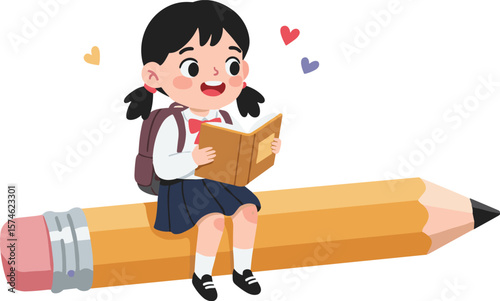 Reading, Subject: Girl, Location: On a Pencil, Content Type: Cartoon Illustration, Environment: School, Viewpoint: Whimsical, Concept: Vector EPS Design - back to school
