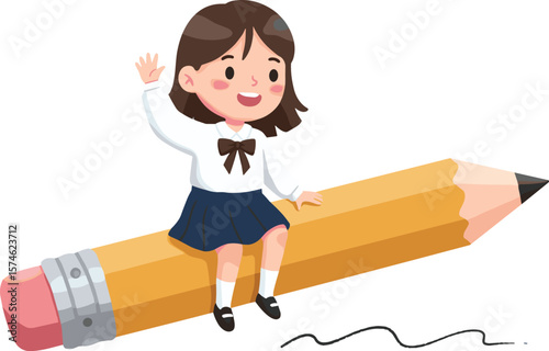 Exciting Adventure of a Girl Cartoon Character Riding a Giant Pencil, Fun Illustration in a School Environment, Bright Vector EPS Design for Kids' Imagination - back to school