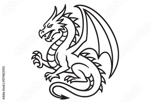 Dragon vector in black and white style, created with bold black outlines to showcase the creature’s dynamic pose, texture, and legendary essence.