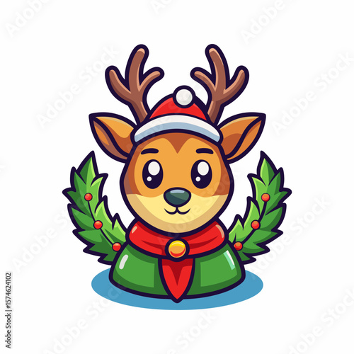 Cute christmas reindeer cartoon illustration with santa hat and wreath holiday season art on transparent background