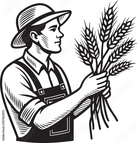 Farmer hand holding wheat black, clean vector icon, agriculture-themed symbol of hand with wheat, black linear farming icon for sustainability, food production and harvest