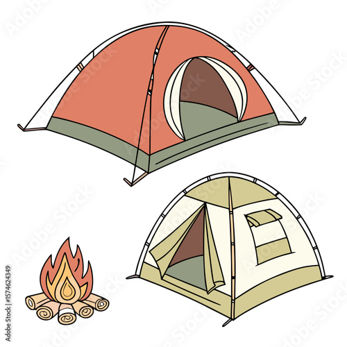 Tourist tent with different angles and a campfire on a white background