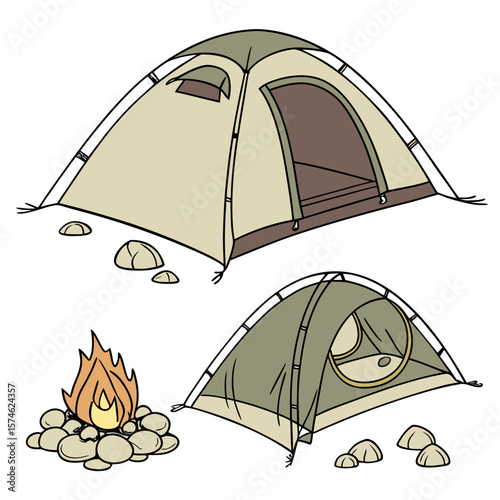 Tourist tent with different angles and a campfire on a white background