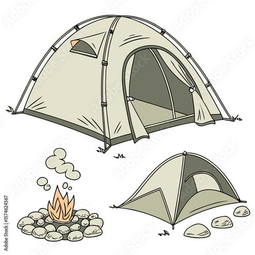 Tourist tent with different angles and a campfire on a white background