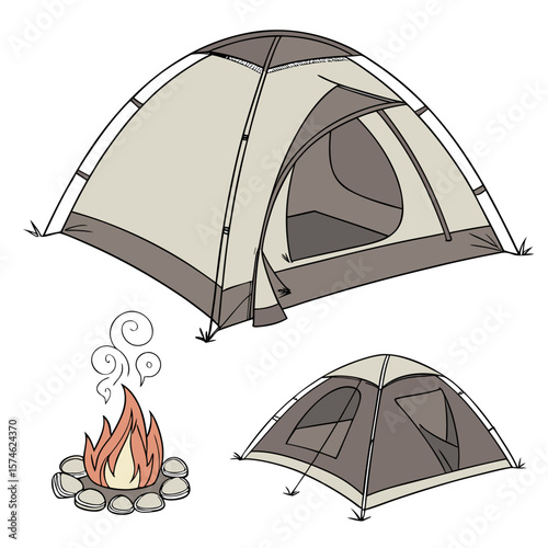 Tourist tent with different angles and a campfire on a white background