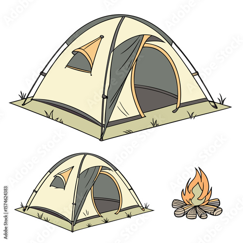 Tourist tent with different angles and a campfire on a white background