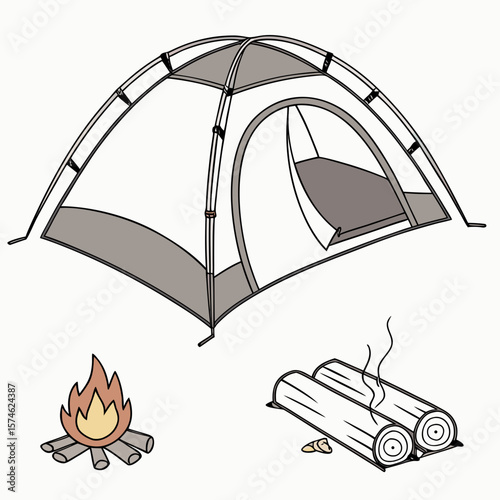 Tourist tent with different angles and a campfire on a white background