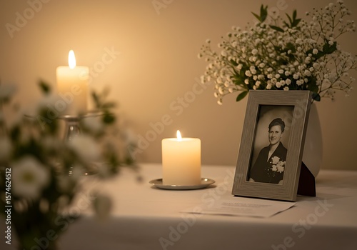 Candlelit memorial with flowers and framed photo on table  