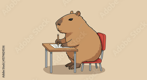 Cartoon Capybara Writing Notes at Desk, Creative Setting, Humorous Illustration, Vector EPS Design, Whimsical Environment, Charming Viewpoint