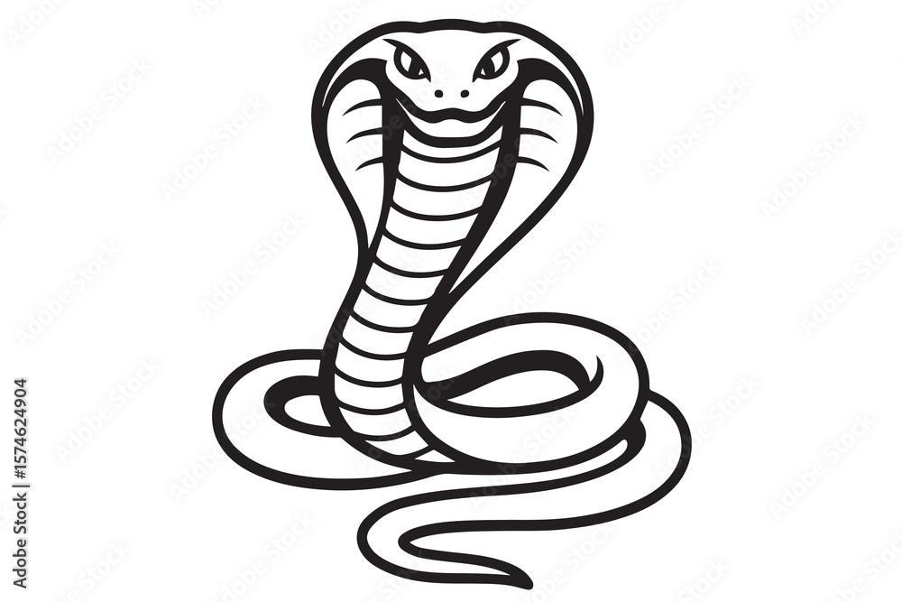 Fototapeta premium A black and white vector of a cobra, drawn with bold black outlines emphasizing its flared hood, coiled body, and intense gaze.