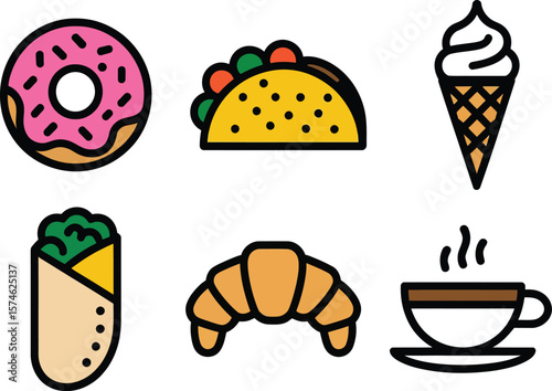 Assortment of Colorful Food and Drink Icons: Vector Illustration for Menu Design


