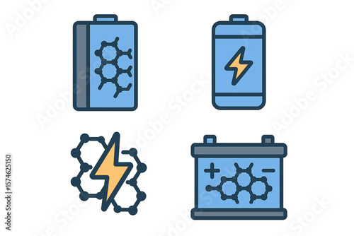 Different types of batteries and energy storage concepts illustrated with icons in a simple design