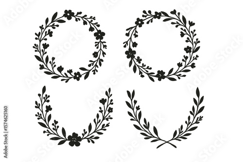 Floral wreath designs suitable for invitations, decorations, and crafts in black silhouette style