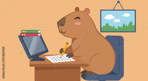 Action of Writing, Cute Cartoon Beaver, Cozy Home Office, Illustration, Vector Art, Friendly Environment, Cheerful Viewpoint – EPS Design for Creative Projects