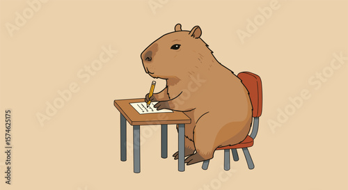 Action of a Cartoon Capybara Writing at a Desk in a Classroom, Vector Illustration in EPS Format, Whimsical Style with Soft Color Palette
