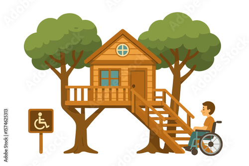 Accessible treehouse design with ramp and shaded area for children in a park during daytime