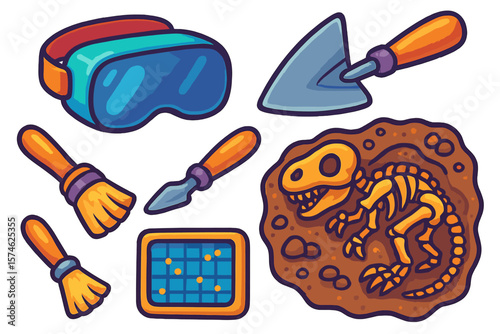 Exciting dinosaur excavation tools and virtual reality gear for paleontologists in a creative design