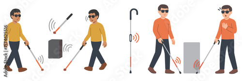 Individuals utilizing canes to navigate urban environment and detect obstacles during daylight hours