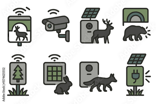 Wildlife monitoring technology in natural habitats highlighting various animal species and solar power systems