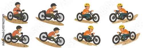 Child enjoys riding a tricycle on a dirt path, showcasing different poses and expressions during playtime