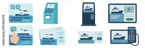 Digital ticketing interface for ferry services featuring various screens and payment options in a port setting
