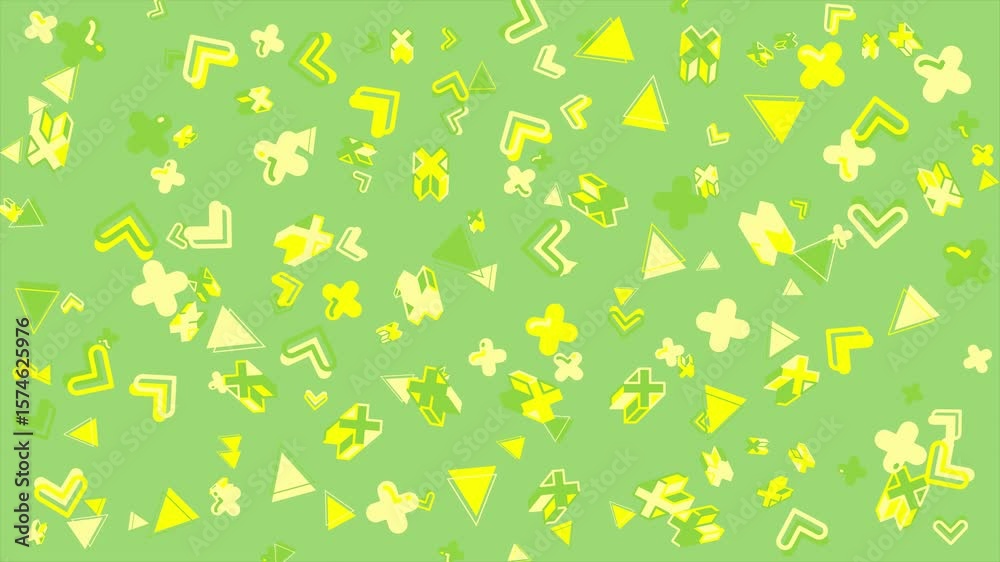 Green background with yellow geometric shapes. Abstract seamless loop video background for creative project, animation, motion video.