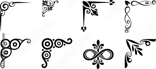 Ornate black decorative corner accents and borders with swirling patterns and floral elements