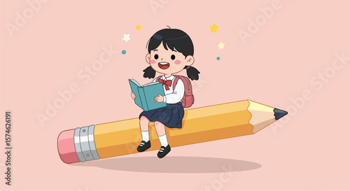 Exciting Reading Adventure, Girl, Classroom, Cartoon Illustration, Cheerful Environment, Playful Viewpoint, Vector EPS Design of a Happy Child on Giant Pencil - back to school