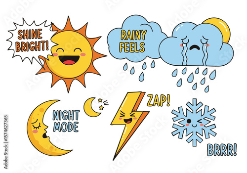 Cheerful Weather Icons: Sun, Moon, Clouds, Rain, Lightning, Snow