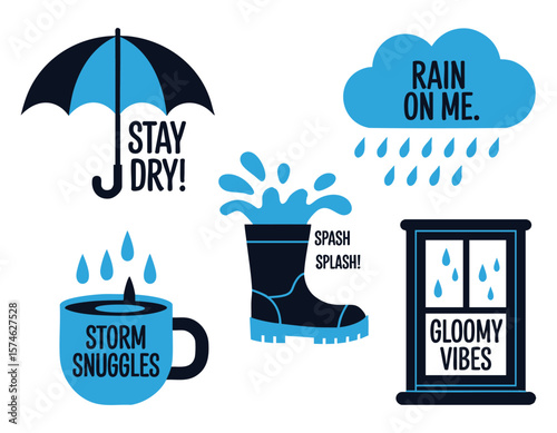 Rainy Day Icons: Umbrella, Boots, Coffee, and More