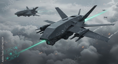 Fototapeta Naklejka Na Ścianę i Meble -  Futuristic Aerial Combat: Stealth Fighters Engage