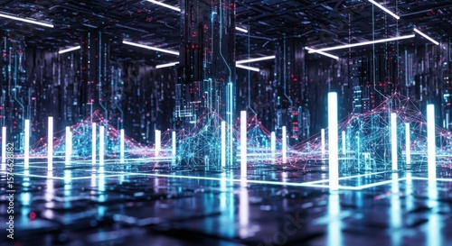 Wallpaper Mural Futuristic Digital Cityscape with Neon Lights and Data Streams Torontodigital.ca