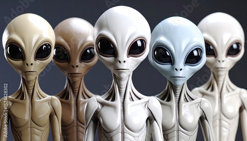 Four alien figures in various skin tones