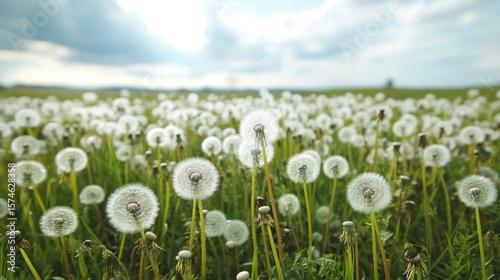 A field blanketed in white dandelion puffs