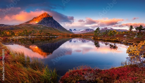 stunning autumn twilight over rondane nationalpark in norway with serene mountain reflection