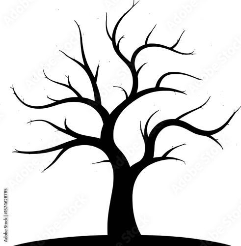 Silhouette of a bare tree with spreading branches against a white background black