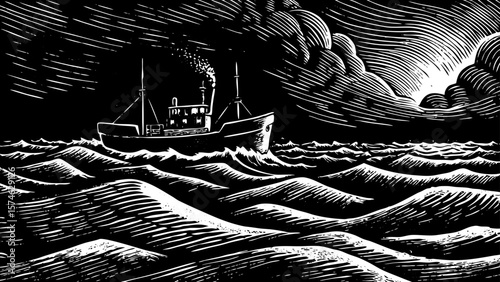 The North Sea during sunset with fishing trawler, choppy water, and cloudy sky shown in expressive black and white line art illustration perfect for marine and industrial topics