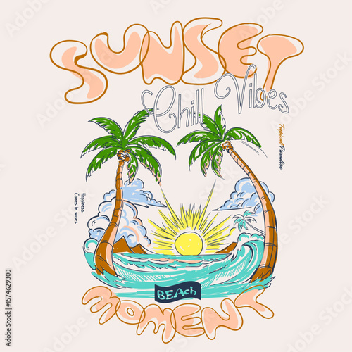 Sunset beach Moment Vector Graphics. its a summer tee shirt design. tropical palm tree paradise is hand drawn sketch. carrtorn tree and sea. college typogapy slogan tee,