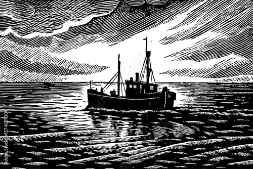 The North Sea during sunset with fishing trawler, choppy water, and cloudy sky shown in expressive black and white line art illustration perfect for marine and industrial topics