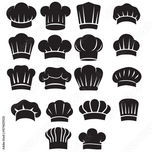  black vector various style vector bakers hat, chef hat silhouettes