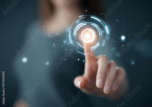 A human hand touching a circular diagram on the touch screen interface. Abstract technology background, concept of innovation, digital technology, network, big data, metaverse. 
concept