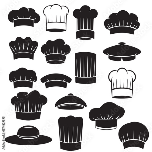  black vector various style vector bakers hat, chef hat silhouettes